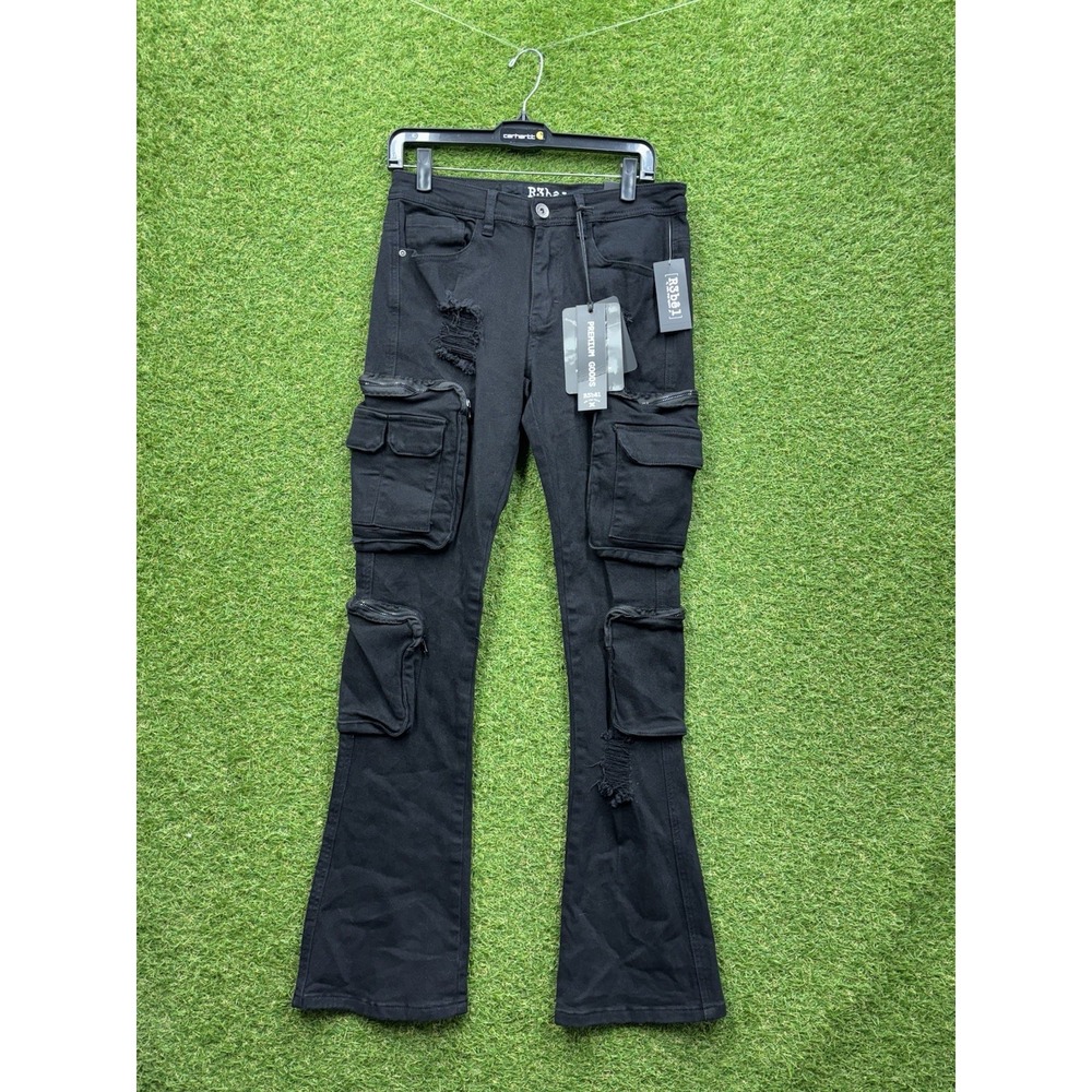 Rebel Vengeance Flare Jeans Mens 30x33 3D Alternative Rapper Frayed Stacked NWT